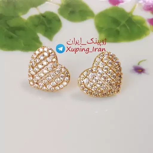 گوشواره ژوپینگ قلبی نگین دار طلایی Xuping طرح جواهر طلا شیک مجلسی درخشان قلب