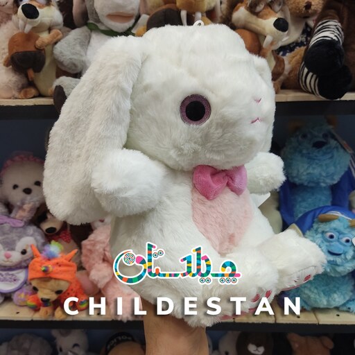 عروسک پولیشی اورجینال خرگوش گوش رنگین کمانی چشم تیله ای سفید رنگ سایز 40 سانت