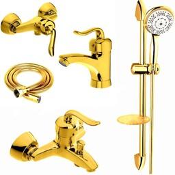 ست شیرالات رز مدل بیزانس مجموعه 5 عددی طلایی به همراه علم دوش حمام و شلنگ سرویس بهداشتی 