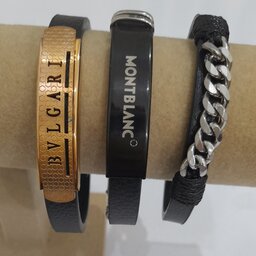 دستبند مردانه چرم و استیل  رنگ ثابت نقره ای و طلایی