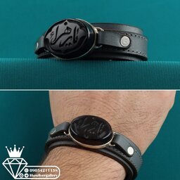 دستبندچرم مردانه عقیق مشکی حکاکی یازهراقاب نقره دستسازقفل کمربندی