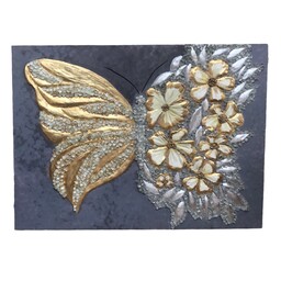 تابلو طرح پروانه کار شده با رنگ اکرولیک و ورق طلا و سنگ کریستالی