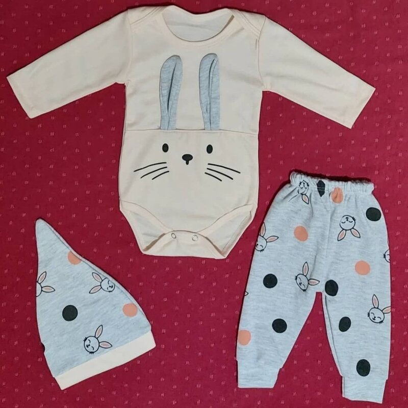 لباس نوزادی سه تیکه طرح خرگوش ( سایز 1 ،2 و 3 )