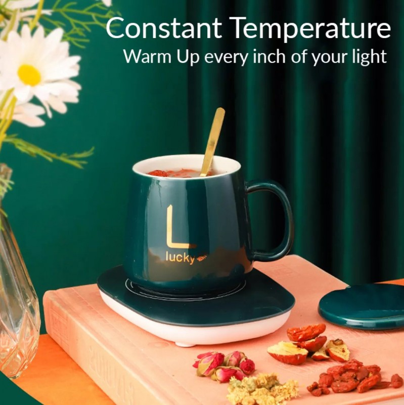 ماگ هیتر حرارتی لاکی سبز رنگ به همراه صفحه گرمکن برقی دمنوش چای شیر کاپوچینو 