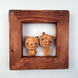 قاب چوبی مجسمه چوبی آقا خرس و خانم خرس دست ساز پیکرتراشی شده 