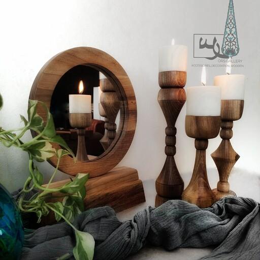آینه چوبی و ست شمعدان چوبی  چوب گردو  و زیبا و منحصربفرد