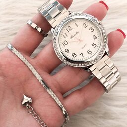 ست ساعت استیل ، دستبند و حلقه نقره ای  زنانه و دخترانه