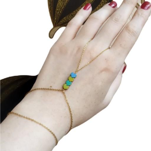 تمیمه یا دستبند انگشتری تمام استیل رنگ ثابت کار شده با سنگ حدید هفت رنگ