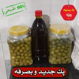 پک جدید و بصرفه (یک کیلو زیتون کنسروی و یک کیلو زیتون شکسته سنتی بهمراه یک لیتر روغن زیتون فرابکر تازه)