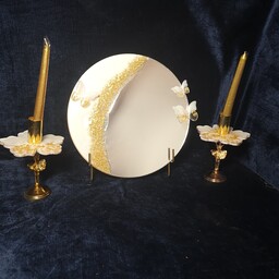 آینه و شمعدان رزینی مناسب هفتسین سفید طلایی با پایه شمعدان بالرین