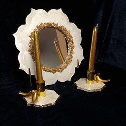 آینه و شمعدان طرح سنگ سفید طلایی با تزئین مرغ امین