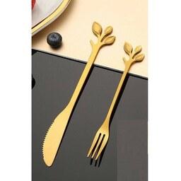 کارد و چنگال رنگ طلایی  طرح برگ چاقو چنگال صبحانه خوری مخصوص سرو کره ومیوه