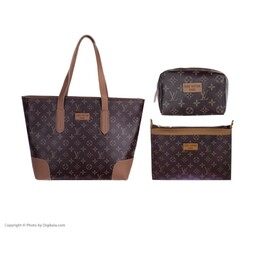 کیف زنانه سه تایی طرح ال وی دارای سه کیف یک کیف بزرگ و کیف لوازم آرایش و کیف کوچکتر مخصوص وسایل کوچکتر 