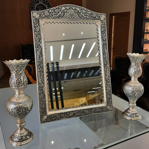 صنایع دستی - آینه و شمعدان قلم زنی طرح گل و مرغ روکش نقره - مناسب برای مراسم عقد
