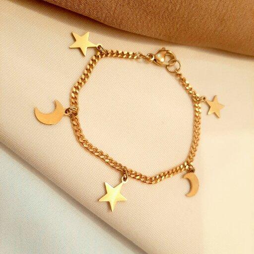 دستبند زنانه ماه و ستاره با زنجیر کارتیر ظریف جنس استیل (لاوین گالری)