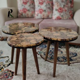 ست میز عسلی گرد ساخته شده با چوب گردو و رزین و ورق طلا در قطر های 35    40     45 با پایه های چوبی 