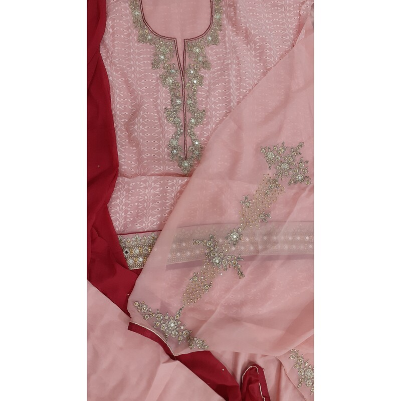 لباس هندی زنانه سه تیکه حریر گلدوزی نیمه آماده خاص مجالس فری سایز تا سایز 46
