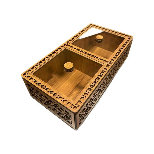 جعبه پذیرایی چوبی  تی بگ  2 خانه مشبک
20 در 10 
با طلق خارجی با کیفیت رنگ قهوه ای روشن