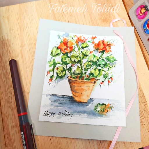 کارت پستال نقاشی آبرنگ گلدان شمعدانی  (15 در 20)