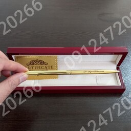 خودکار روکش طلای 24عیاری باریک به همراه جعبه چوبی و شناسنامه و حک اسم رایگان 