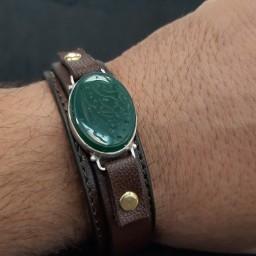 دستبند چرم مردانه سنگ عقیق سبز رکاب نقره عیار 925 بازرگانی لطفی
