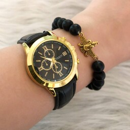 ساعت زنانه تیسوت بند چرم مشکی قاب طلایی همراه با دستبند