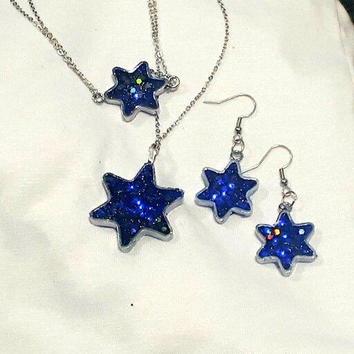 ست گوشواره گردنبند و دستبند رزینی دست ساز طرح ستاره آبی
