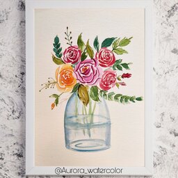تابلو نقاشی گلدان گلهای بهاری تکنیک آبرنگ