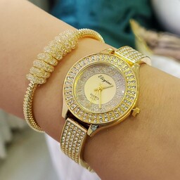 ست ساعت زنانه با دستبند شیک رنگ طلایی