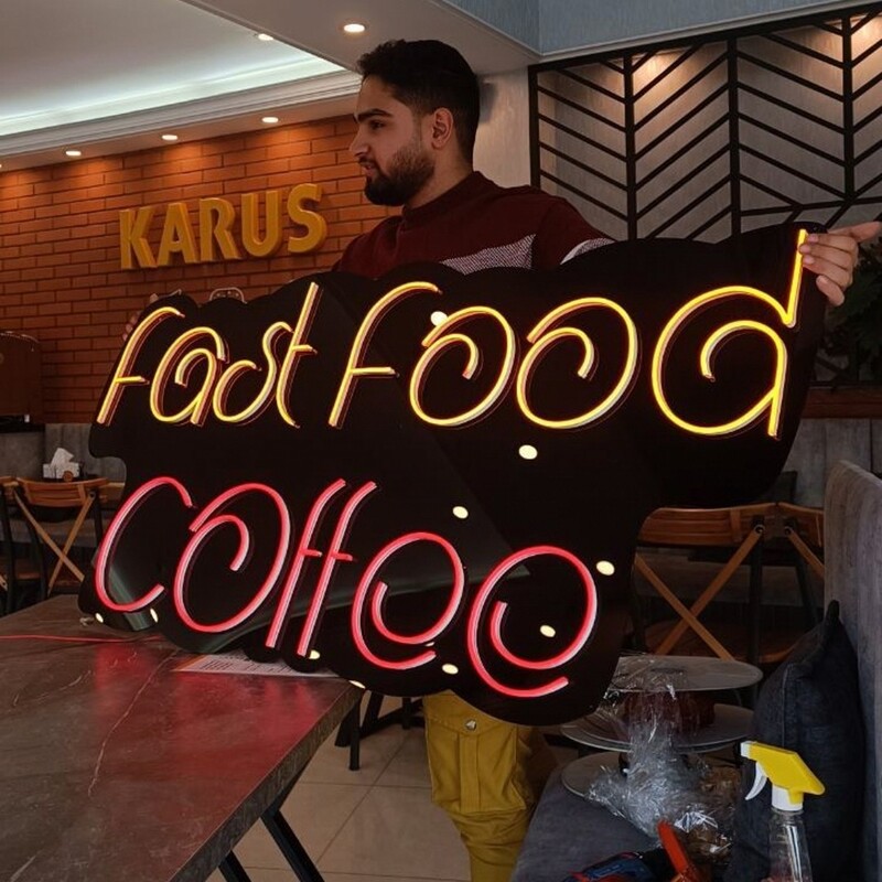 تابلو نئون طرح  fast food coffee ابعاد 180 در 50 سانت 2سال ضمانت 