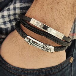 دستبند چرمی 3لاین طرح صلیب اسپرت مردانه قفل مگنتی سه لاین  چند لاین