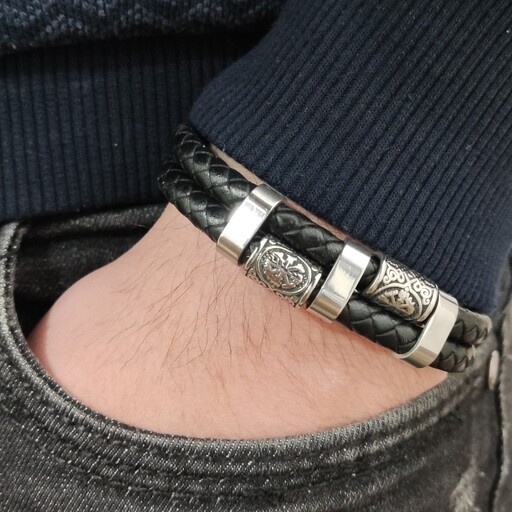 دستبند چرمی 2لاین طرح یاکوزا  اسپرت مردانه قفل مگنتی سه لاین  چند لاین