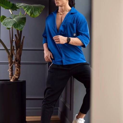 پیراهن کبریتی مردانه قواره دار (لش)رنگ آبی با بالاترین کیفیت 
