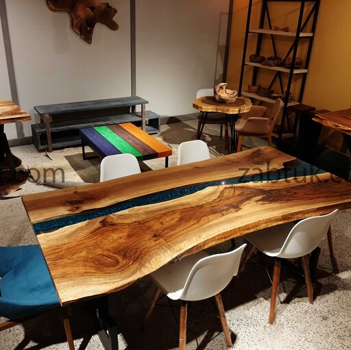 میز چوب و رزین (ترکیب چوب گردو و رزین آبی متالیک)