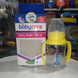 شیشه شیر بچه گانه و نوزادی دسته دار شفاف با ظرفیت 120 میلی لیتر رنگ زرد مناسب بدو تولد 