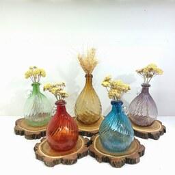 گلدان شیشه ای دستساز موجدار بطری رنگی آبلیموخوری گلدان رومیزی هنر شیشه گری 