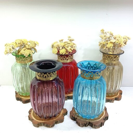 گلدان طوقدار برنجی آناناسی گلدان رنگی دستساز  شیشه گری صنایع دستی قزوین 