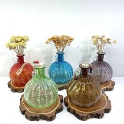 گلدان شیشه ای رنگی دستساز مدل نگینی شیشه گری فوتی دستساز صنایع دستی بطری رنگی