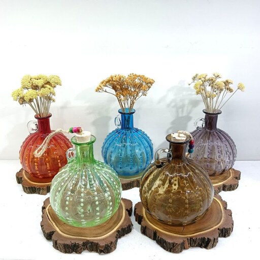 گلدان شیشه ای رنگی دستساز مدل نگینی شیشه گری فوتی دستساز صنایع دستی بطری رنگی