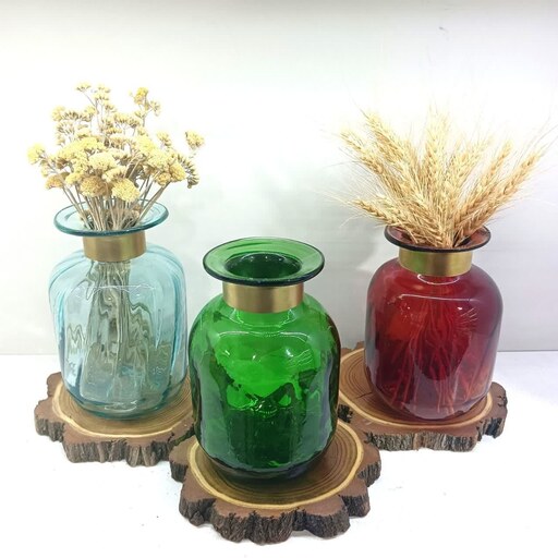گلدان طوقدار برنجی هلالی صنایع دستی قزوین شیشه گری فوتی دستساز  رنگ ثابت
