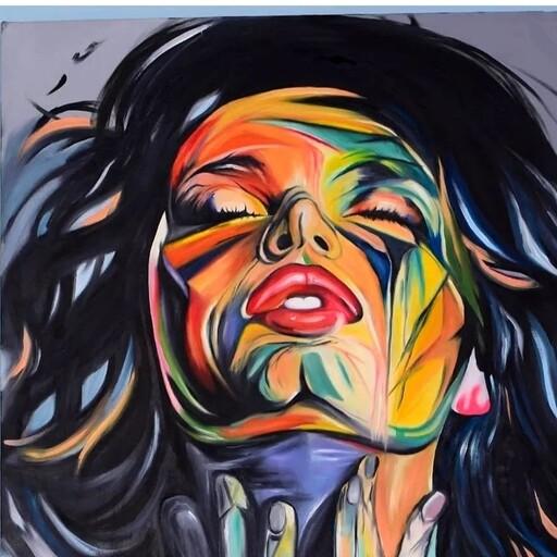 تابلو نقاشی کوبیسم زن با رنگهای پر انرژی سایز بزرگ با قاب از گالری هنر خلاق 