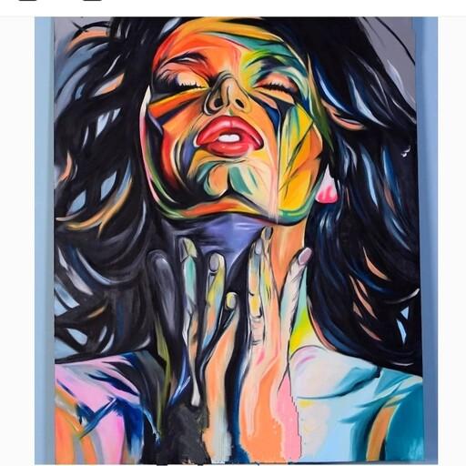 تابلو نقاشی کوبیسم زن با رنگهای پر انرژی سایز بزرگ با قاب از گالری هنر خلاق 