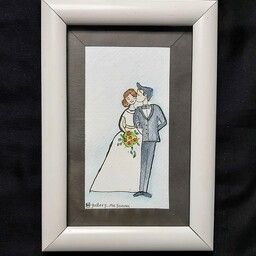 تابلو  عروس و داماد  دارای قاب و شیشه کاردست رنگ شده با رنگ آبرنگ