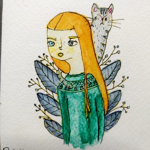 تابلو  دختر گربه دار دارای قاب و شیشه کاردست رنگ شده با رنگ آبرنگ