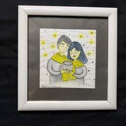 تابلو خانم و آقا شال زرد عاشقانه  دارای قاب و شیشه کاردست رنگ شده با رنگ آبرنگ