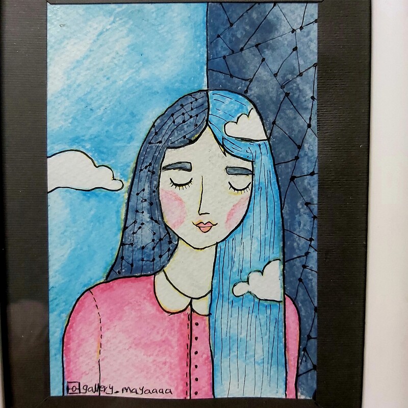 تابلو  دختر آسمانی   دارای قاب و شیشه کاردست رنگ شده با رنگ آبرنگ