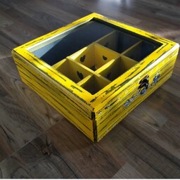 جعبه چوبی پتینه شده رنگ زرد پتینه شده  طراحی شده با دست و رنگ ثابت قابل تمیز کردن با دستمال مرطوب