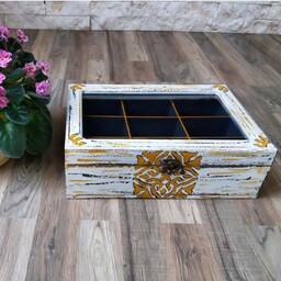 جعبه چوبی پتینه شده رنگ سفید طوسی  طراحی شده با دست و رنگ ثابت قابل تمیز کردن با دستمال مرطوب
