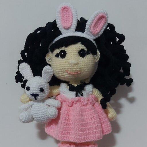 عروسک بافتنی،دخترتل خرگوشی،کاملاکاره دست بافته شده با کاموا اکریل تاب 