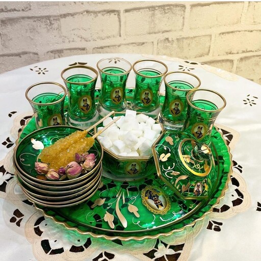سرویس چایخوری شاه عباسی رنگ سبز  ،هنر آبگینه
